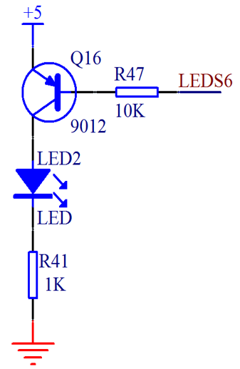 在单片机电路中采用了三极管作电子开关，电路如图所示，当LEDS6为高电平时，下列说法哪个是正确的？ 