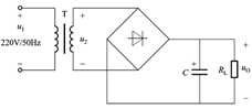下图所示电路中，变压器二次电压u2为10V。若测得输出电压uo为14.1V，则可能（）。   