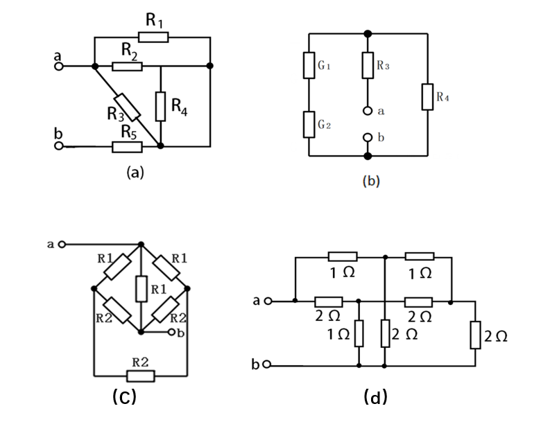 求如图所示各电路的等效电阻Rab，其中R1=R2=1Ω，R3=R4=2Ω，R5=4Ω，G1=G2=1