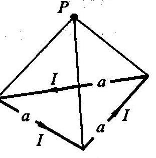 如图，一个边长为的正三角形导线中电流为I，P是以此正三角形为底的正四面体的顶点，求P点的磁感应强度的