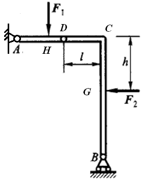 图示机构在主动力F1、F2作用下处于平衡。已知AH=l, HD=l/3, h=2l, 不计杆重，试用