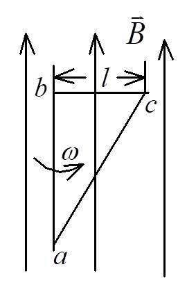 如图所示，直角三角形金属框架abc放在均匀磁场中，磁场平行于ab边，bc的长度为．当金属框架绕ab边
