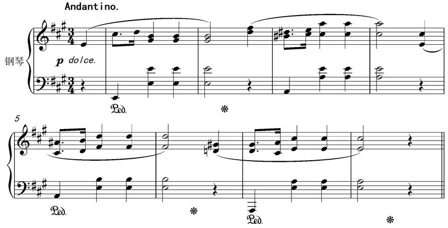 分析所给的钢琴乐谱，将其音符适当分配给弦乐队各声部，完成至少4小节的文字描述分配。 1、用文字描述出