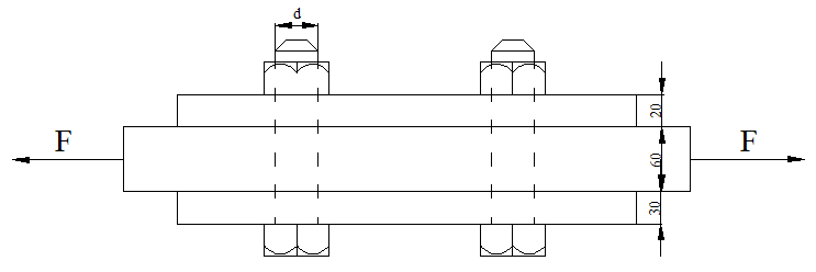 图示一螺栓接头。已知F=50kN，螺栓的许用切应力[τ]=MPa，许用挤压应力[σ]=280MPa。
