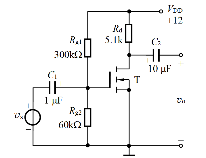 放大电路如图所示。已知MOSFET的Kn =10mA/V2，λ=0，VTN =1.6V，设通带内各电