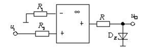 电路如图所示，运算放大器的电源电压为 12V，稳压管的稳定电压为 8V，正向压降为 0.6 V，当输