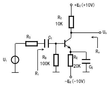 电路如图所示，双电源供电的共射电路，已知，，电容对信号视为短路。求放大器的输入电阻 ，输出电阻 ，源