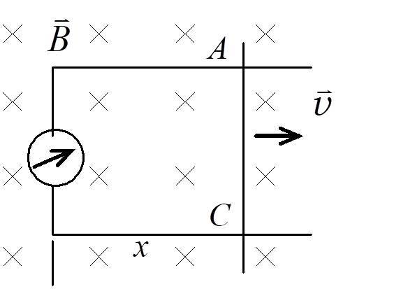 在图示的电路中，导线在固定导线上向右匀速平移，速度为．设，均匀磁场随时间的变化率，某一时刻磁感应强度