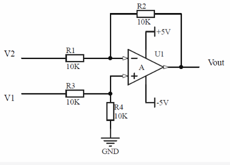 一个典型的运算放大器差分放大电路如题图所示意，该电路的输入输出关系式为 