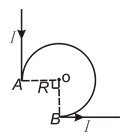 一无限长的载流导线中部被弯成圆弧形，如图所示，圆弧形半径为 R=3cm，导线中的电流为I=2A。求圆