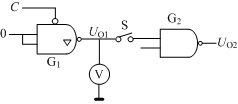 图示电路中G1为TTL三态门，G2为TTL与非门，万用表的内阻20kΩ/V，量程5V。设电路输出高电