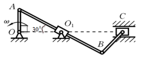 在图示瞬时，刚体AB上与套筒中心O1点重合点的绝对速度方向： 
