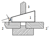 如图所示为一焊接用的楔型夹具。利用该夹具把两块要焊接的工件2和2ˊ预先夹紧，以便焊接。图中3为夹具体