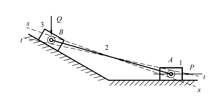 在图示双滑块机构中，滑块1在驱动力P作用下等速运动，生产阻力为Q。各构件的尺寸，各转动副的半径及其当