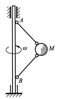 重为P的球用两根各长l的杆支承如图，球和杆一起以匀角速度ω绕铅垂轴AB转动。如AB=2b，杆的两端均