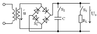 图所示电路中，已知变压器副边电压的有效值为U=10V，当S1、S3闭合，S2断开时，输出电压平均值U