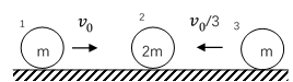 质量分别为、、的三个小球1，2，3开始时在光滑水平地面上静止地沿直线等间距排列。某时刻，令小球1具有