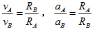 刚体上俩点A，B，在每一瞬时，它们的速度和加速度与点到轴线的距离R的关系分别表示为（）