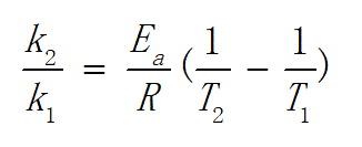 在T1 和T2 两个温度之间的阿累尼乌斯方程可以表示为：