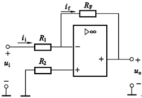 【判断题】下图所示电路中，由于把运算放大器视为理想元件，故可认i1=0 。（） 