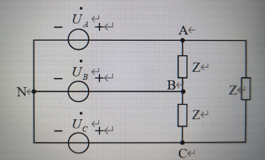 在图所示对称三相电路中，三角形联接负载阻抗Z=6+j8，Y形联接电源相电压为220V，求负载的相电流
