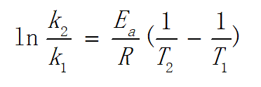 在T1 和T2 两个温度之间的阿累尼乌斯方程可以表示为：