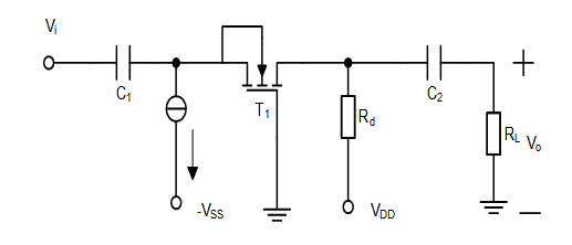 如图所示放大器，MOSFET的参数为：λ=0、VTN=1V、Kn=1mA/V2,电流源I=1mA。电