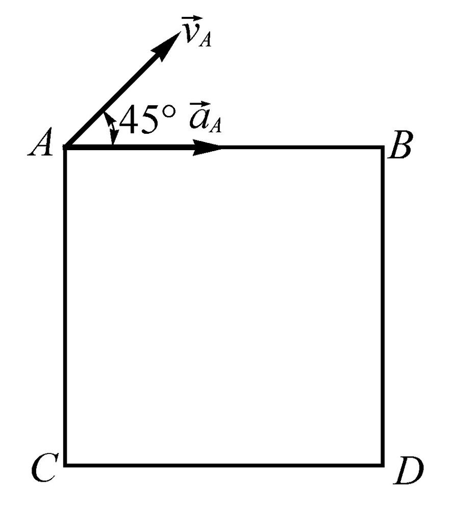 已知正方形板ABCD作定轴转动，转轴垂直于板面，A点的速度vA=0.1m/s，加速度m/，方向如图。