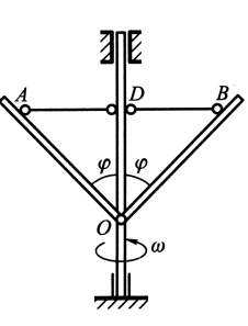 各长为l、重为P的两均质杆OA与OB，一端用铰链固定在铅垂轴上的O点，另一端用水平绳连在轴上的D处，