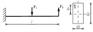 【计算题】图示矩形截面悬臂梁，梁的自由端和跨中分别承受载荷F1和F2作用，F1=2F2=5kN，l=