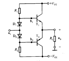 下图所示电路中，已知VCC＝16V，RL＝4Ω，T1和T2管的饱和管压降│UCES│＝2V，输入电压