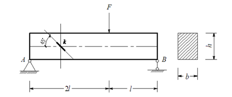 如图所示，受一集中力作用的矩形截面简支梁中，测得中性层上点处图示方向的线应变为。已知材料的和（泊松比