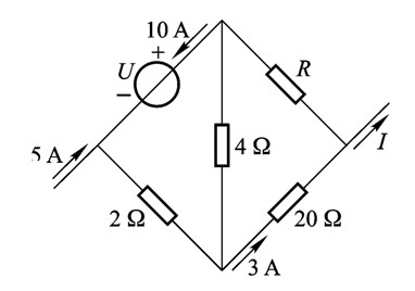 在图示电路中，各电压、电流参数如图所示，可求得电路中的电流I 为 （)A 