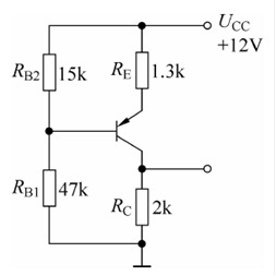 晶体管电路如题图所示。已知β＝100，UBE ＝﹣0.3V，若偏置电阻RB1开路，则集电极电位UC及
