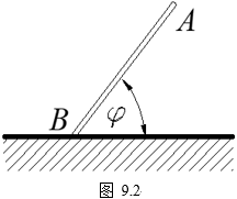 9.2 均质杆AB长为2l，B端搁置在光滑水平面上，杆与水平面的夹角为φ，如图9.2所示。求杆倒向水