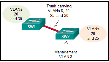 请参见图示。小型企业在两台交换机上使用 VLAN 8、20、25 和 30，且上述两台交换机间具有中