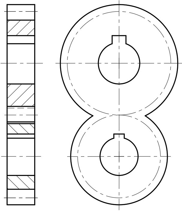 下图中单个直齿圆柱齿轮画法、两直齿圆柱齿轮啮合画法中正确的有（）