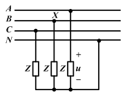 【单选题】对称星形负载Z接于对称三相四线制电源上，如图所示，若电源线电压为380V，当在X点断开时，