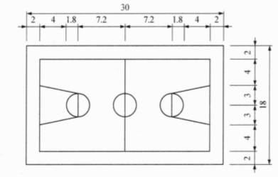 按照1:1的比例绘制篮球场平面图，尺寸如下图所示。 [图]...按照1:1的比例绘制篮球场平面图，尺