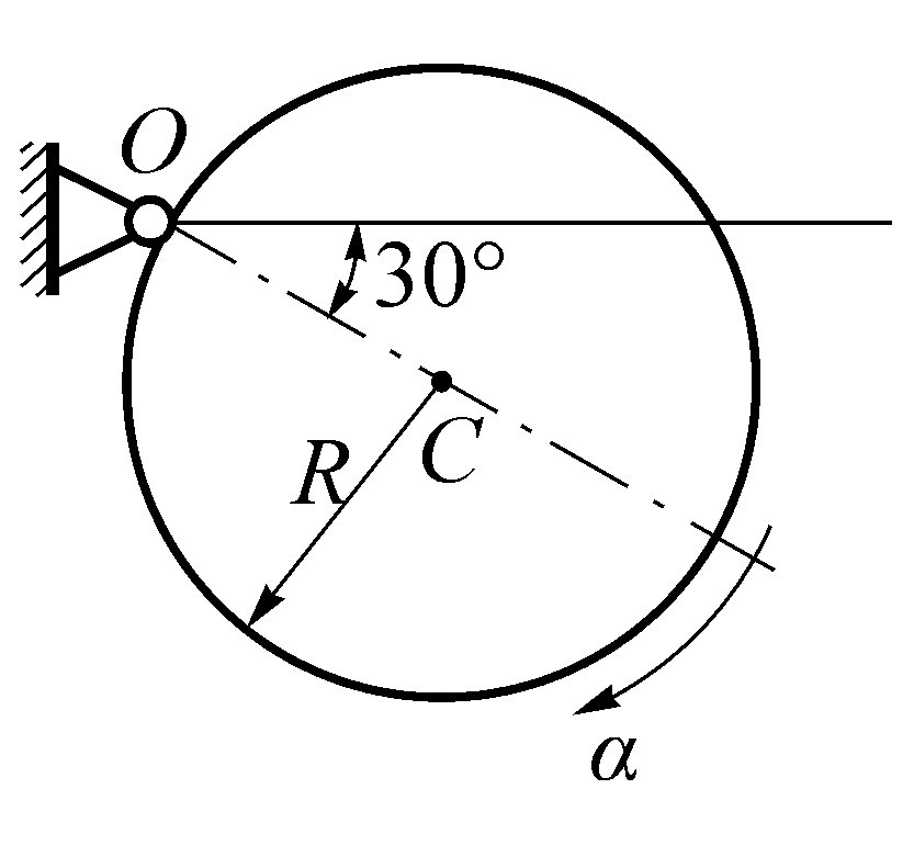 均质圆盘质量为m，半径为R，在铅垂面内绕水平轴O转动。则圆盘在图示位置时的角加速度的大小a=____