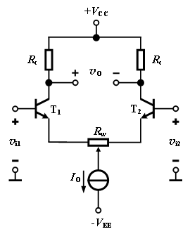 带调零电阻的恒流源式差分放大电路如图所示，已知T1、T2特性相同，电位器Rw的滑动端在中心位置，电流