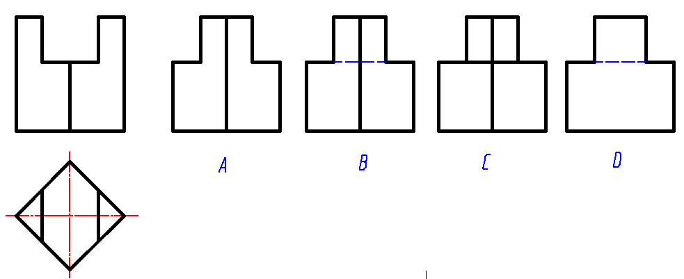 已知正四棱柱被截切后的主、俯视图，选择正确的左视图（）。 
