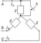 图示星形联接对称三相电路,已知线电流IA=1A。若A相负载发生短路（如图中开关闭合所示),则此时A相