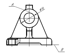 在下面零件的主视图中，尺寸Φ10所表示的结构是该零件功能结构，零件的左右对称面A为长度方向的基准，底