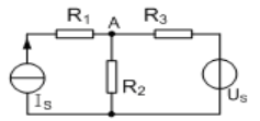 【判断题】如图所示电路中，节点Ａ的方程为：（1/R1 +1/ R2 +1/ R3)ＵA =IS+ＵS