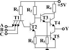 如图所示TTL门电路，当输入ABC的电压分别是3.6V、0.3V和3.6V时，三极管T2的状态是（）