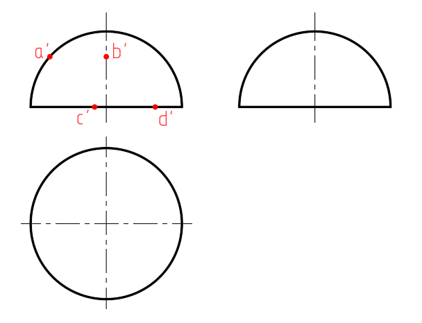 如下图，已知A、B、C、D四个点在半球体的球面上，根据正面投影判断空间最前点是（）。 