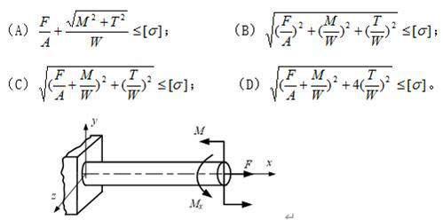 图示钢质圆直杆的抗弯截面模量为W，横截面面积为A，同时受到轴向力F、扭转力偶T和弯曲力偶M的作用。在