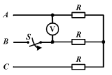 对称星形负载R接于对称三相三线制电源上，如图所示，若电源线电压为380V，当开关S打开后，电压的测量