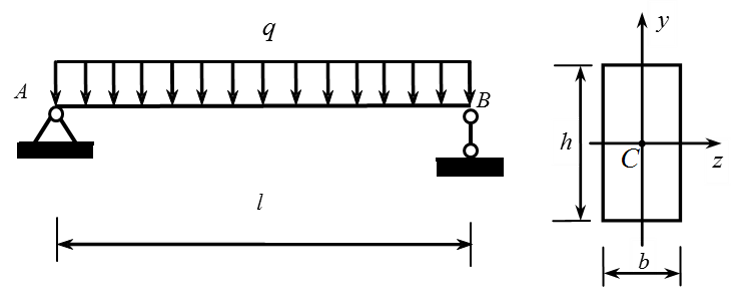 钢制等截面简支梁受均布载荷q作用，横截面h=2b的矩形，如图所示。已知 l=2m，q=50kN/m 